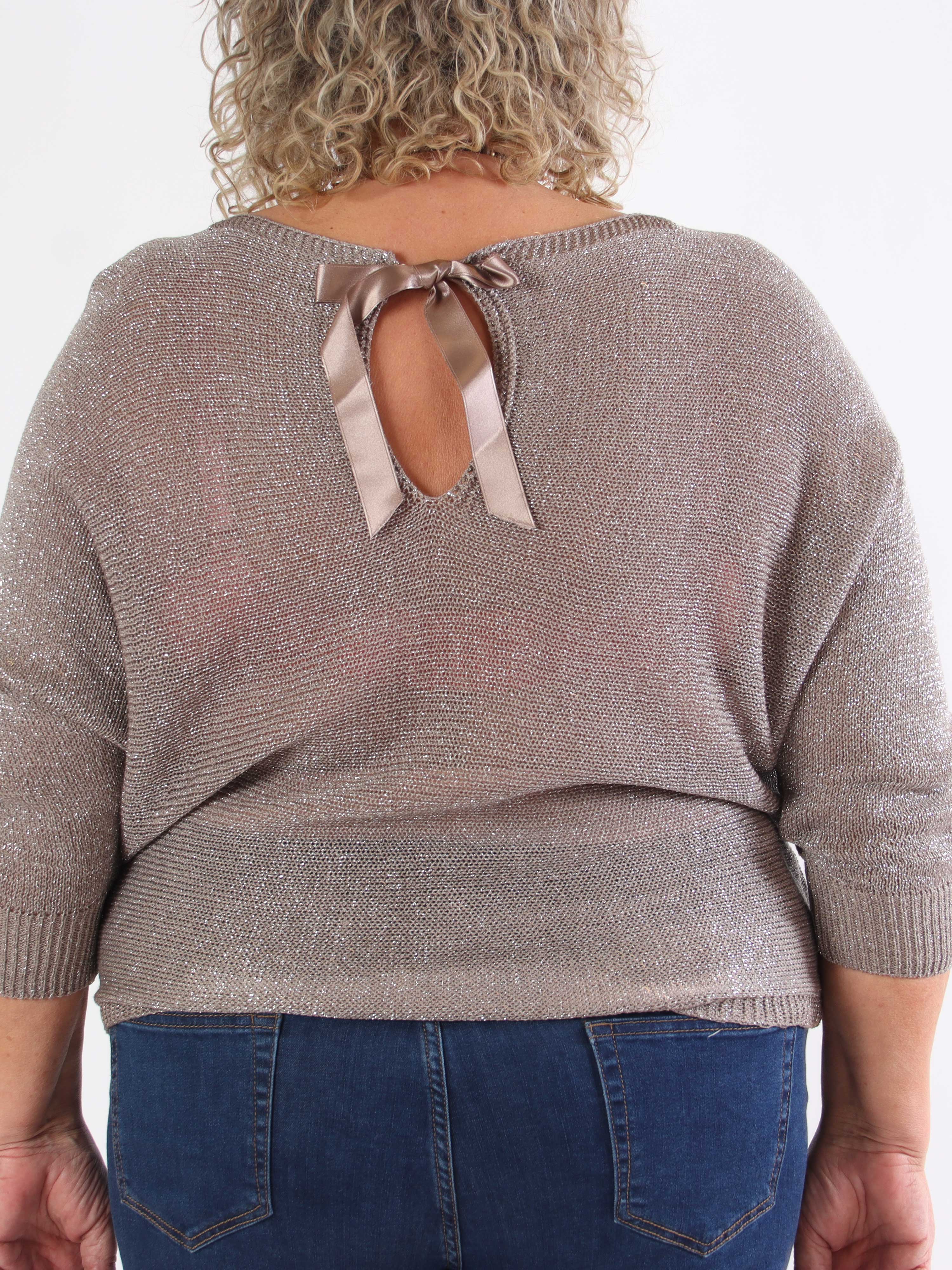 Paulina - Plus size strikbluse med glimmertråde og sløjfe